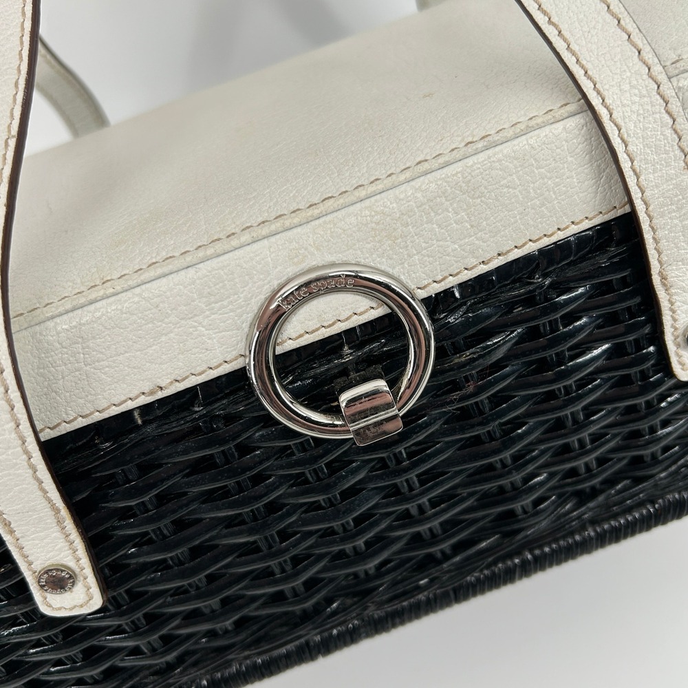 Vintage Kate Spade New York Black Wicker Basket White Leather Bag Polka Dot - Picture 2 of 16
